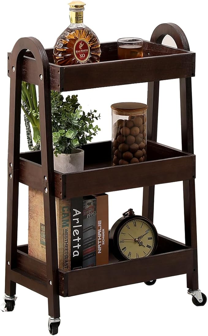 3-Tier Wooden Rolling Cart- Wooden Utility Cart wit Wheels- Utility Rolling Cart-Storage Trolley Organizer- Rolling Kitchen Cart Serving Cart for Office,Kitchen, Kids' Room (Walnut Color)