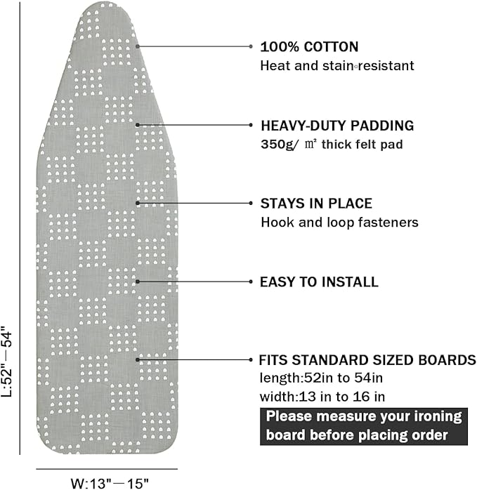 Ironing Board Cover and Pad Standard Size 15 x 54,3 Pairs of Hook and Loop Fastener Straps,Elastic Edges,2 Layers Ironing Board Cover with Thick Padding (Pattern F)