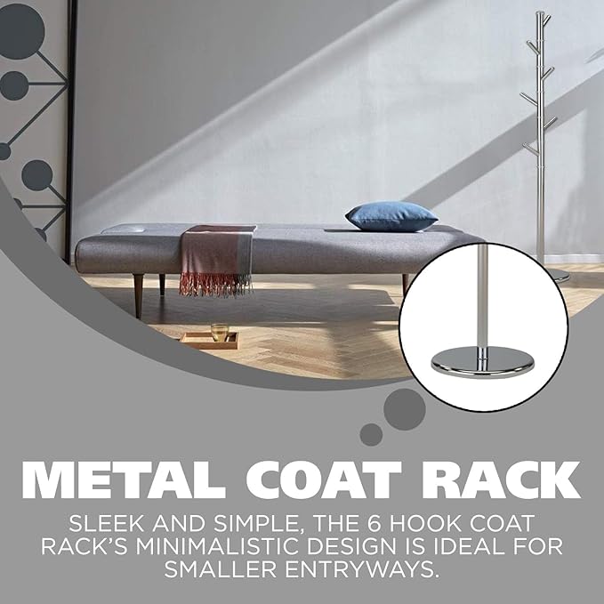 KB Designs - 6 Hook Metal Standing Coat and Hat Hanger Organizer Rack, Chrome