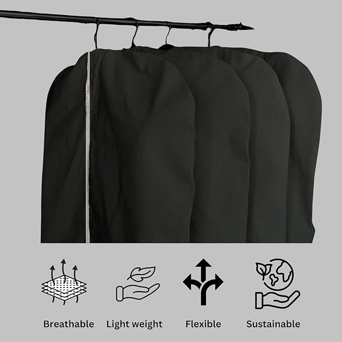 Premium 100% Cotton Garment Bags – 60" Black Canvas Suit Cover with YKK Zipper – Breathable, Dust-Proof Storage for Suits, Coats, Dresses, Jackets & Travel/Closet Use