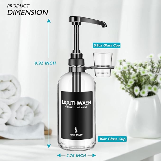 Clear Glass Mouthwash Dispenser with Black Cup Holder and Pump, 16 Oz Rustic Boho Mouthwash Dispenser for Bathroom Farmhouse Decor - 1 Pack