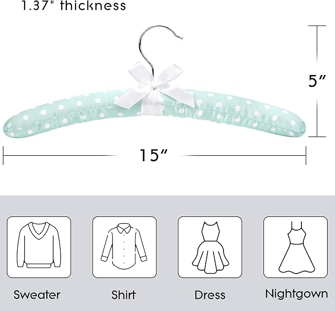 Women's Satin Padded Hangers – 15" Foam-Filled Wooden Clothes Hangers with No Shoulder Bumps, Bow Accent, for Sweaters, Blouses, Dresses – 5 Pack (Green Polka Dot)