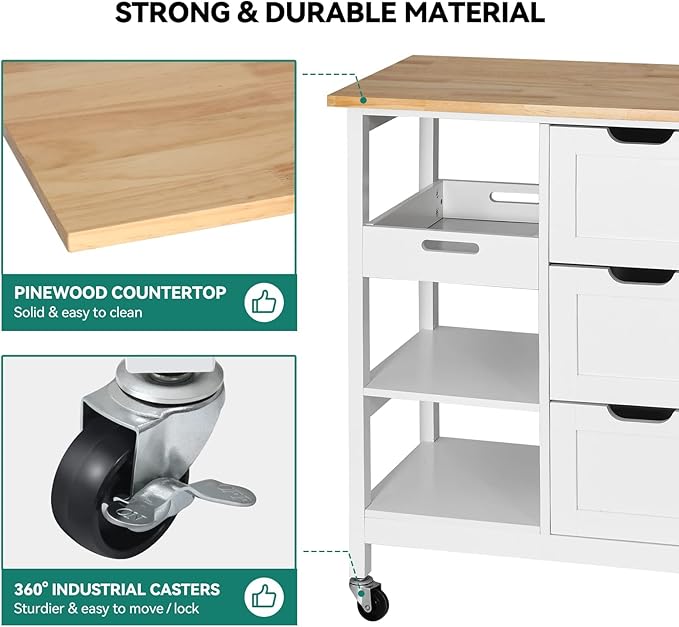 YITAHOME Small Solid Wood Top Kitchen Island Cart on Wheels with Storage, Rolling Portable Dining Room Serving Utility Carts Mobile Movable with 3 Drawers Cabinet, Oak & White