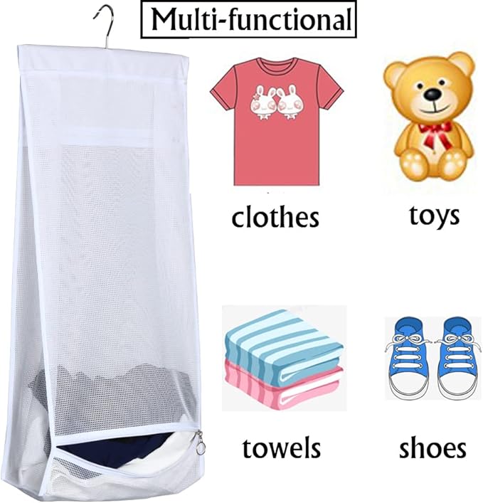 Jelier Hanging Mesh Laundry Basket,Collapsible Fabric Laundry Hamper with Rotatable Hanger,Portable Storage Bag for Apartment,RV,Camper,Cabin,College Dorm Use (white)