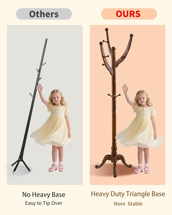 Wooden Coat Rack Freestanding, Solid Wood Coat Rack Stand with 13 Hooks, Mid-Century Modern Heavy Duty Coat Racks,Walnut Brown Standing Coat Jacket Hanger Clothes Tree Stand for Corner, Office