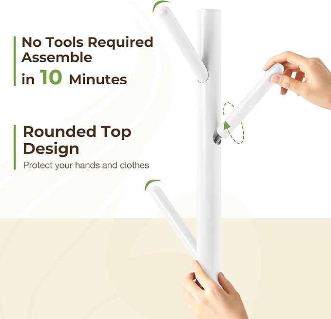 GREENSTELL Coat Rack with 8 Hooks, Wooden Coat Rack Freestanding with Shelf, Coat Tree with 4 Height Options 50.5"-72.6", Coat Hanger Stand for Bags, Clothes, Umbrellas, Hats, in Home, White