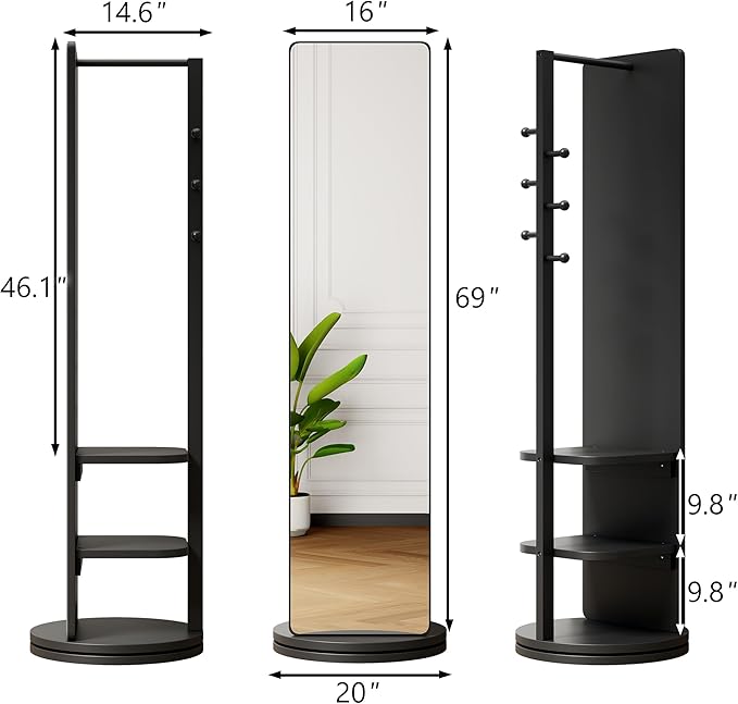 CHANCEE 360° Rotating Full-Length Mirror with Storage, 69"x16" Solid Wood Freestanding Coat Rack with Hooks, Space-Saving for Bedroom, Living Room, Cloakroom (Black)