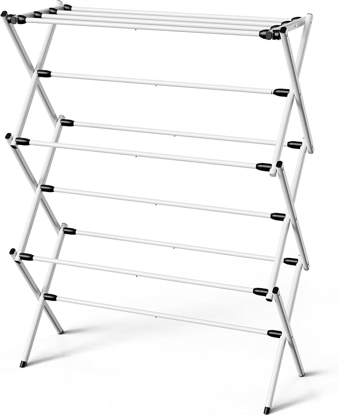 Foldable Clothes Drying Rack – Metal Laundry Drying Rack with Non-Slip Feet, 3-Tier Space-Saving Clothing Rack for Laundry Organization, Indoor & Outdoor Use, 11.4" D x 30" W x 37" H, White