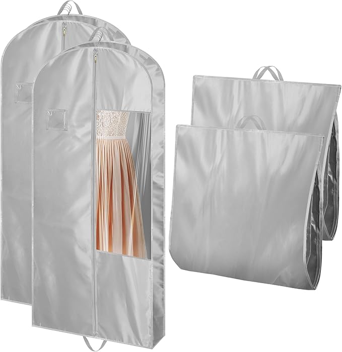 Garment Bags for Hanging Clothes and Travel with 4" Gusseted, Suit Cover for Clothes,Coats,Suit,Jackets,Dress,Shirts,Skirt.(Silvery-48"-2pcs-Satin Fabric)