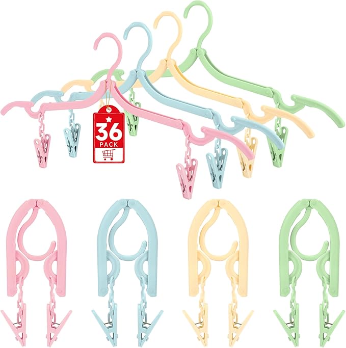SAN LIKE 36 Pcs Travel Hangers with 72 Pcs Clips Folding Travel Hangers Non Slip Plastic Clothes Hangers Collapsible Portable Coat Hanger Drying Rack for Suitcase Flying Camping Hotel(36 Packs)
