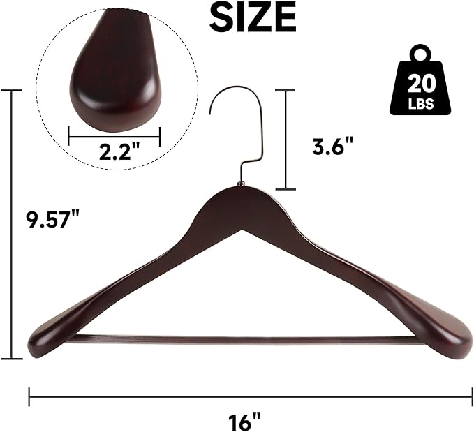 36-Pack Premium Wide Shoulder Wooden Suit Hangers, 16" Heavy-Duty Solid Wood Coat Hangers with Pant Bar for Women's Heavy Garments, Blazers, Jackets (Dark Cherry)