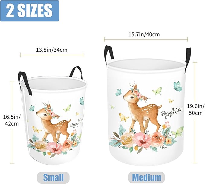 Custom Name Deer Laundry Baskets for Nursery Utility Room, Personalized Toddler Laundry Basket with Name, Customize Baby Name Laundry Hamper Kids Storage Organizer 2 Sizes