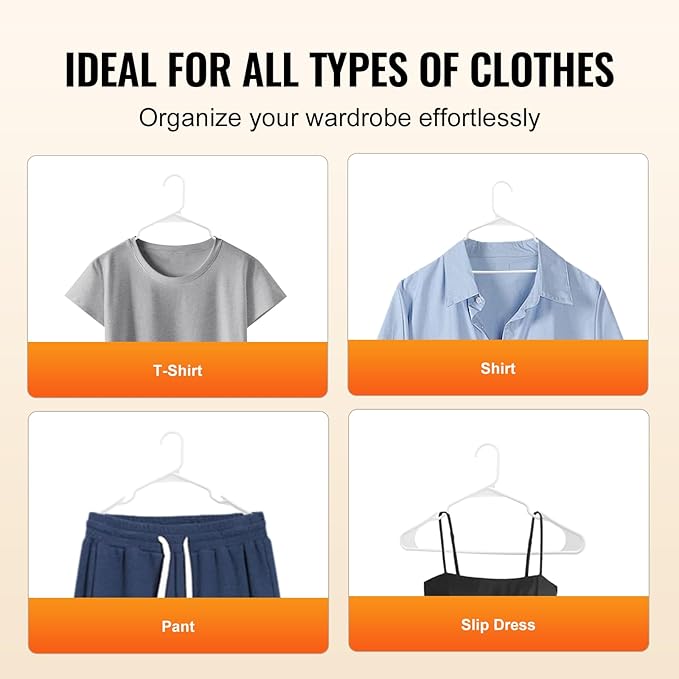 VEVOR Hangers, 0.2 in Ultra-Thin, 50 Pack White Plastic Hangers with Stable Triangular Top Structure & Wider Notch Design, Non-Slip Space Saving Hanger, Fit for T-Shirt, Shirt, Sling & Pant