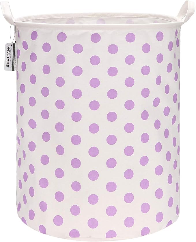 Sea Team 19.7 Inches Large Sized Waterproof Coating Ramie Cotton Fabric Folding Laundry Hamper Bucket Cylindric Burlap Canvas Storage Basket with Stylish Polka Dot Design (19.7", Purple)