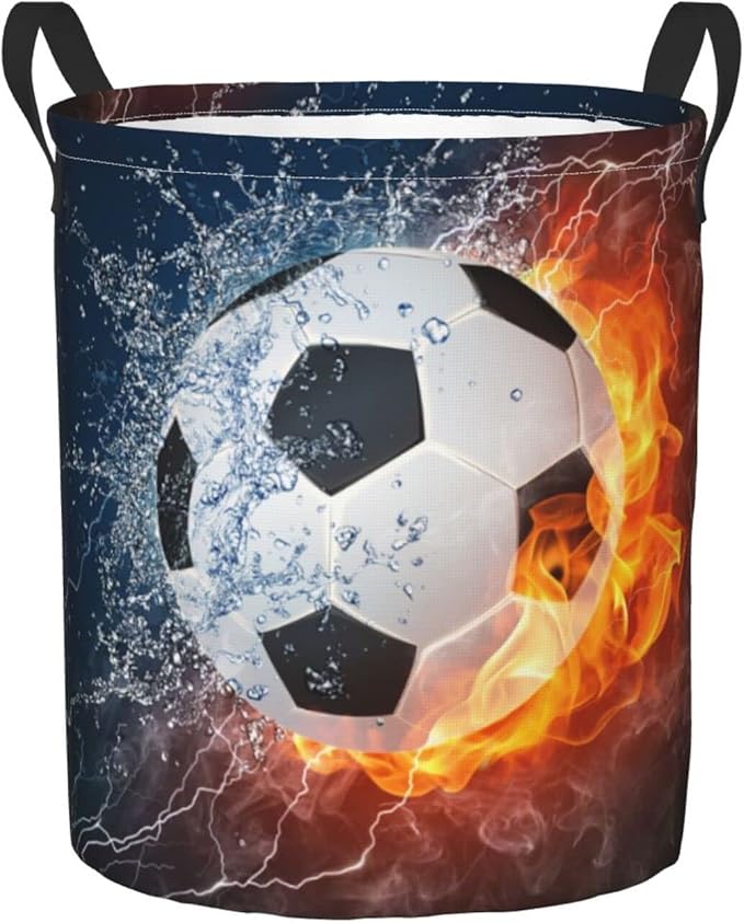Dujiea Soccer Ball In Fire And Water Laundry Basket Round With Handle, Collapsible Foldable Canvas Storage Bin Dirty Clothes Bag For Laundry/Toys Organizer/College Dorm/Nursery/Decor(2 Sizes)
