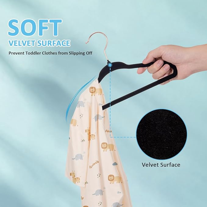 Velvet Baby Hangers 30 Pack - 11 Inch Premium Felt Non Slip Kids Hanger for Infant Toddler Clothes - 0.2" Ultra Thin Baby Clothes Hangers for Children's Closet with 10 Hanger Clips - Black