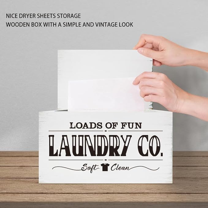 SUPERDANT Laundry Dryer Sheet Dispenser Fun Fonts Holder Box with Hinged Lid Wood Organizer Fabric Softener Strips Dispenser Storage Container Loads of Fun Laundry Rustic Room Decor