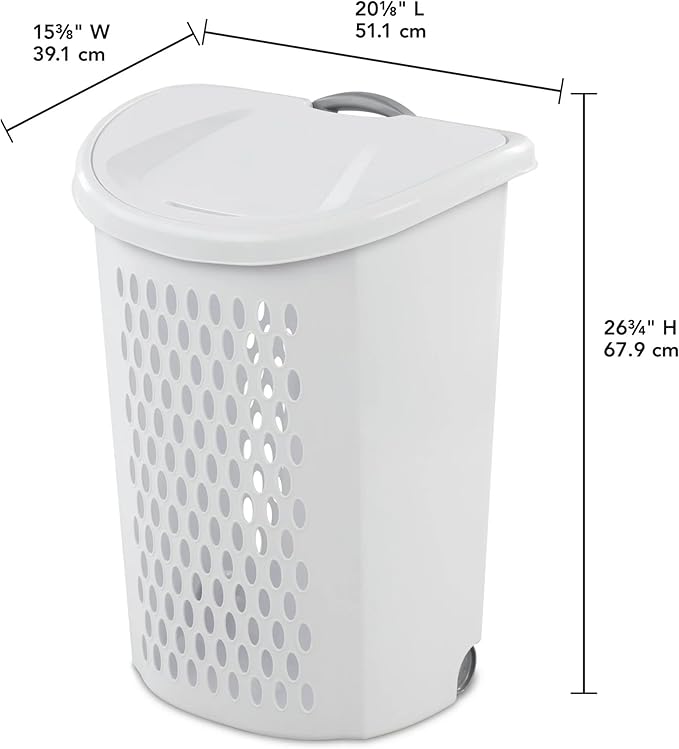 Plastic Laundry Hamper, Adult-Sized White Clothes Basket with Wheels, Large White Plastic Clothes Basket for Home, Dorm or Laundry Room