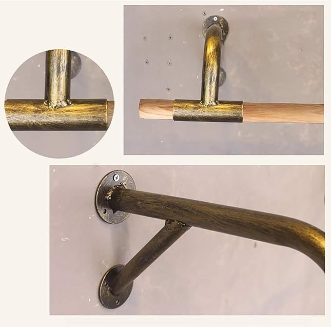 Industrial Wood Wall Clothes Hanging Rod,Iron Pipe Bracket Clothes Rod Garment Rack Commercial Clothing Display Rack (Color : Gold, Size : 80x29x16cm)