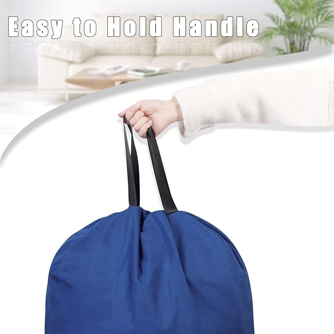 Sanlykate Large Canvas Cotton Laundry Bag with Drawstring & Handles, Heavy Duty Durable Dirty Clothes Organizer, Tear Resistant Hamper Liner Storage Bag, Travel Sack, 25.5 x 34inch - Cyanotic