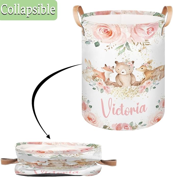 Personalized Laundry Basket, Custom Gift Laundry Hamper, Collapsible Nursery Waterproof Laundry Baskets, Dirty Clothes Toy Hamper with Handles Pink Floral Bear Fox
