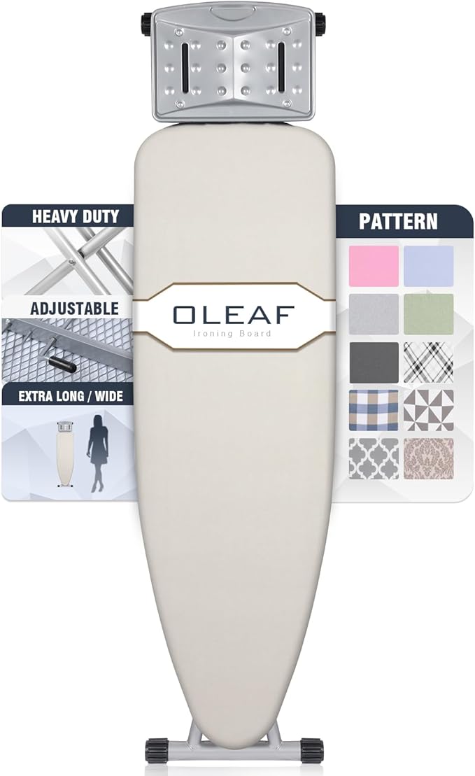 oleaf Ironing Board with Cover and Thicken Pad 43 x 13 Height Adjustable Full Size Foldable Iron Board with Iron Rest, Stable Steel Legs, Metal Construction, Heat Resistant, Beige
