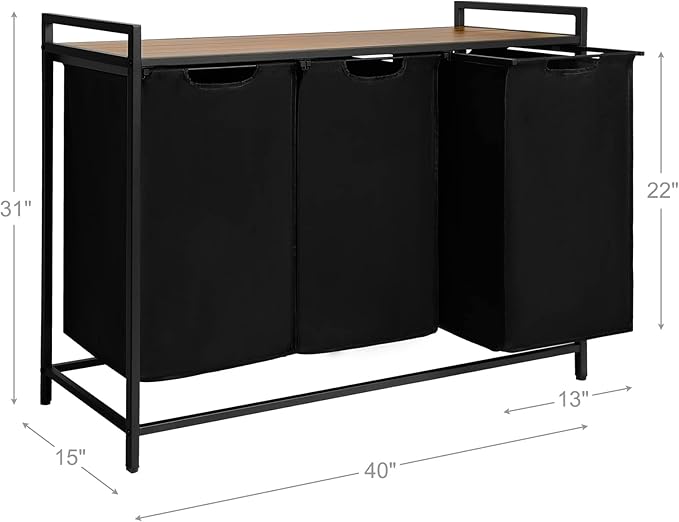 Pull Out Laundry Hamper 3 Compartment Laundry Sorter with Shelf 3 Section Laundry Basket with 3 x 16 Gallons Removable Bags for Laundry Room Bathroom and Dorm, Black