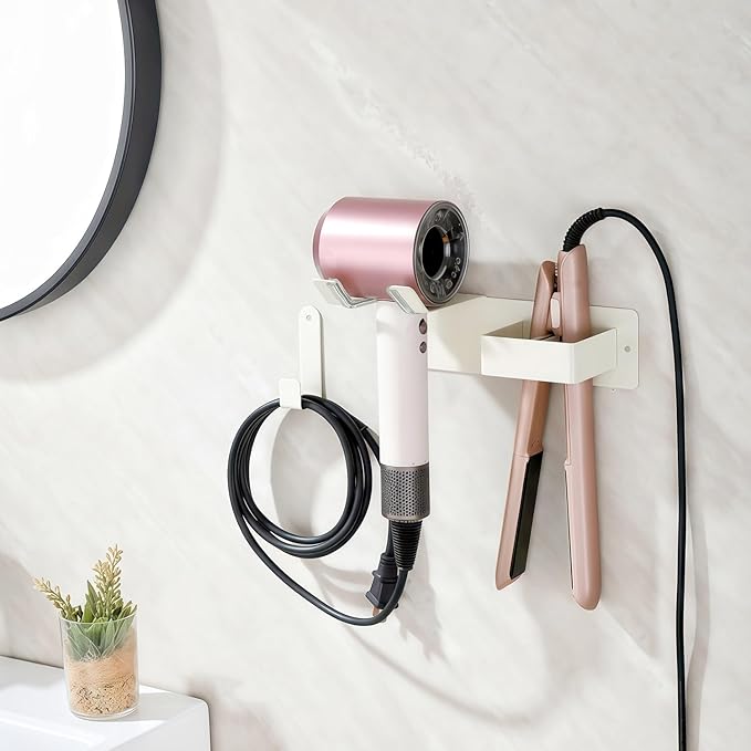 Hair Dryer and Straightener Holder, Upgraded Hair Straightener Holder with Cable Hook, Stainless Steel Universal Hair Dryer Wall Mount Waterproof for Bathroom Space-Saving White