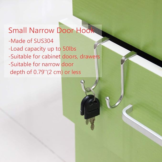 Poeland Over Cabinet Drawer Double Hooks 304 Stainless Steel Narrow Door Hook for Kitchen, Bathroom, Drawer, Wardrobe Door, Cabinet Door, Office Cubicle Partition Hook Pack of 4