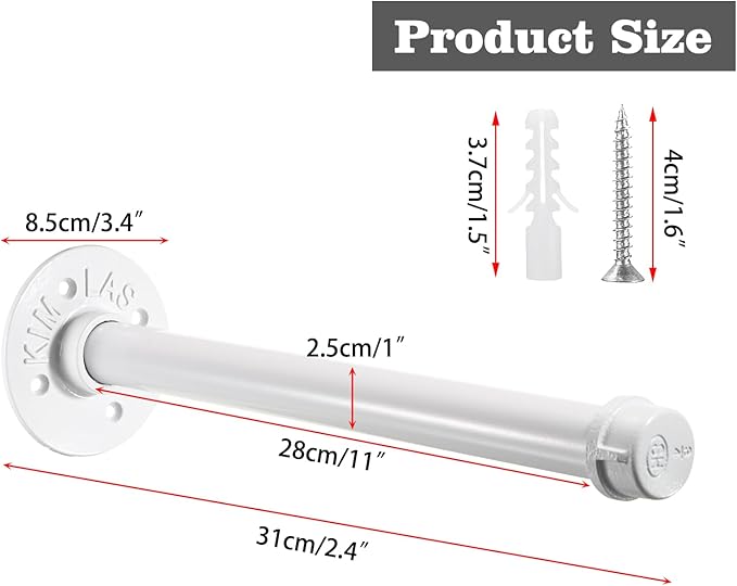 Sumnacon 2 Pcs 12 Inch Industrial Pipe Clothes Bar - Heavy Duty Rustic Metal Coat Hanger with Screws,Wall-Mounted Garment Holder Rack for Bedroom Bathroom Wardrobe Boutique Clothing Store,White