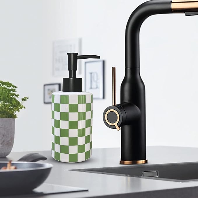 Bathroom Soap Dispenser with Matte Black Pump White Ceramic Soap Dispenser for Kitchen Checkerboard Empty Pump Bottle (Green)
