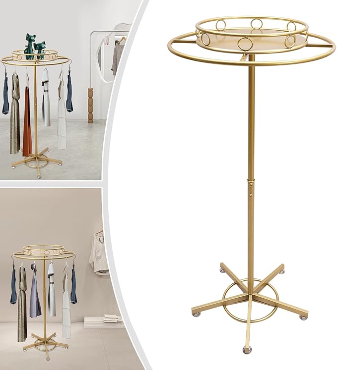 Rotatable Round Garment Rack, Floor Standing Iron clothes Hanging Rack with Topper, Suitable for Large Shopping Malls Retail, Clothes Boutique Display Laundry Rooms Multi-Purpose Hanging (Gold)