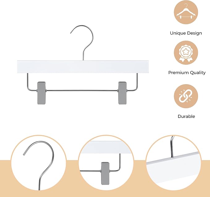 Quality 12-Inch Ultra Slim Kids Wooden Hangers – 20-Pack – Space Saving White Design with Nickel Swivel Hook – for Baby Clothes, Shirts & Dresses (White, Skirt/Pant, 20 Pack)