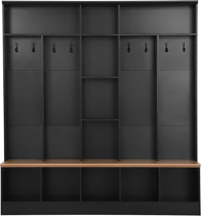 Modern Hall Tree with Storage Bench, Minimalist Shoe Cabinet with Cube Storage & Shelves, Multifunctional Coat Rack with 8 Hooks for Entryways Mudroom Hallway (Black + Particle Board-Q13)