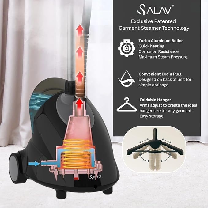SALAV® GS18-DJ Standing Garment Steamer with Roll Wheels for Easy Movement, 1.8L Water Tank for 1 Hour Continuous Steaming, Adjustable Pole for Storage, Includes Descaler Packet, 1500 watts (Renewed)