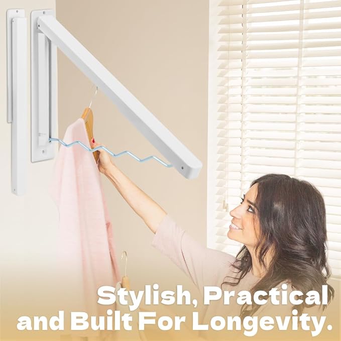 Zoyiancy 2pcs Wall Mounted Clothes Rack, Foldable Laundry Coat Racks, White Retractable Clothes Drying Rack for Home Storage Organiser Space Saving