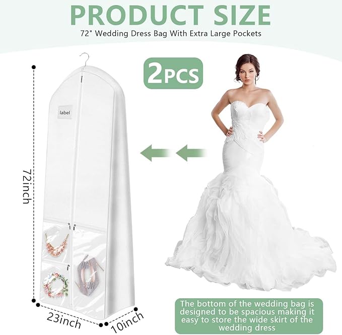 WSSROGY 72" Long Wedding Dress Garment Bag Cover for Gowns Women with 10'' Gusseted Dress Bags 4 Pocket (White 2 Pack)