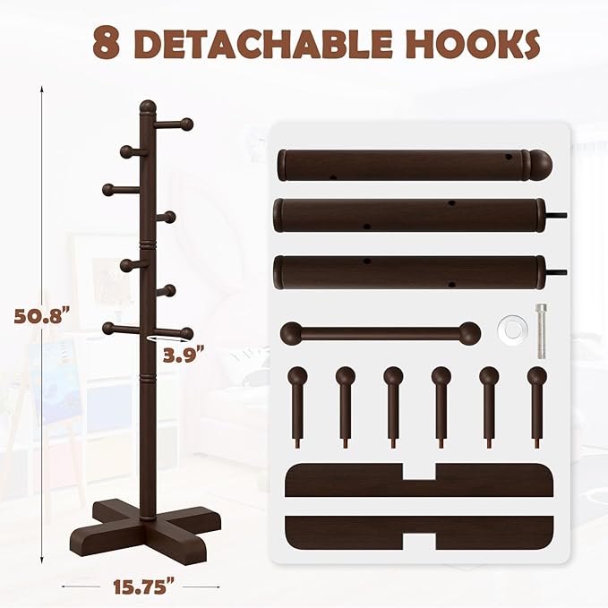 Coat Rack, Freestanding Coat Racks with 8 Hooks 2 Adjustable Height, Tree Coat Rack for Bedroom, Hallway, Entrance, Office, Hats, Handbags,Purse (Brown)