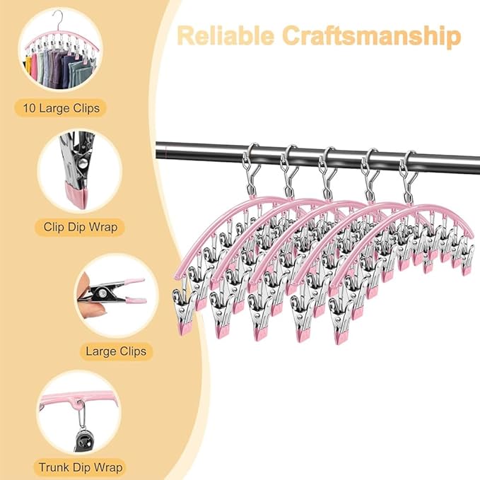 Legging Organizer for Closet,Upgrade Skirt Pants Hangers with Clips, Metal Yoga Pants Hangers 5 Pack w/10 Clips,Hangers Space Saving Closet Organizers w/Rubber Coated Closet Organizers(Pink), PH105