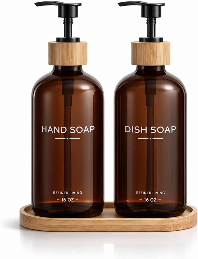 Hand and Dish Soap Dispenser Set,16oz Glass Bottles with Printed Labels, Bamboo Tray & Pump,Countertop Soap Dispensers for Kitchen,Luxury, Minimalist & Farmhouse Decor (Hand Dish (Amber))