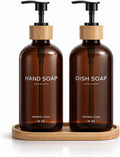 Hand and Dish Soap Dispenser Set,16oz Glass Bottles with Printed Labels, Bamboo Tray & Pump,Countertop Soap Dispensers for Kitchen,Luxury, Minimalist & Farmhouse Decor (Hand Dish (Amber))