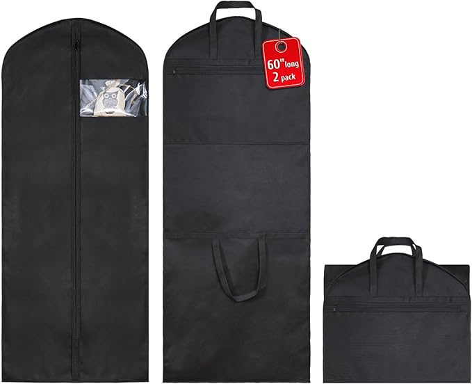 2 Pack 60"Garment Bags for Suits and Coats Lightweight Foldable with Travel Handle, Closet Storage and Travel-Friendly with Transparent Inner Bag Set, Black