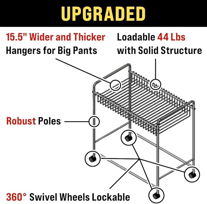 Japard Pants Organizer Rack Trolley with 24 Double Hangers Rolling Trouser Metal Rack, Space Saving Closet - 48 Storage Pants Jeans Scarf (White - 24 Hangers)