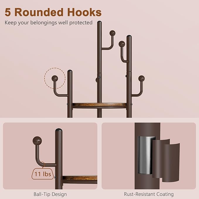 Hoctieon Coat Rack Freestanding, Round Coat Rack with 3 Wooden Shelves and 1 Fabric Basket, Metal Clothes Tree with 5 Hooks, Coat Hanger Stand for Clothes, Hats, Bags, Rustic Brown