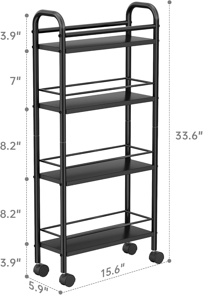 Slim Storage Cart, 4-Tier Small Rolling Cart with Wheels, 5.9" Deep, Narrow Bathroom Shelf Trolley for Kitchen, Bathroom, Laundry Room, Black Standard 4-Tier (5.9" W x 33.6" H)