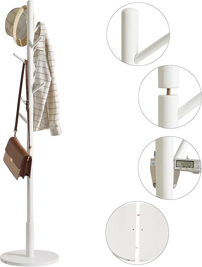 IBUYKE Coat Rack Stand, Freestanding Coat Tree with Solid Round Base and 8 Hooks, Easy Assembly Wooden Coat Hanger, Clothes Rack for Hallway Entryway, Living Room, Bedroom, Office, White WD-114