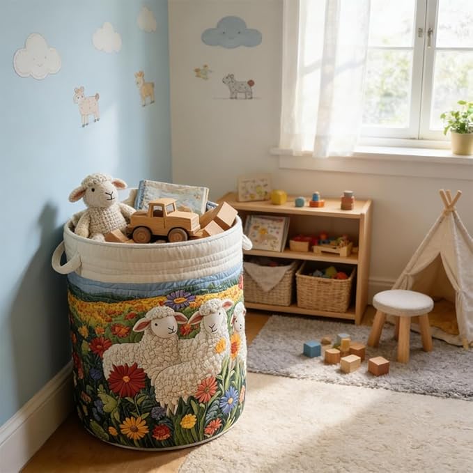 Quilted Laundry Basket with Handles, Boho Floral Fabric Storage Hamper, Large Soft Quilted Laundry Basket for Nursery, Bedroom, Laundry Room,Clothes & Toys (Sheep Pattern C, M)