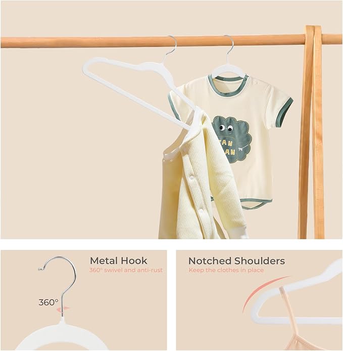 ManGotree 14 Inch Kids Velvet Hangers for Closet, Ultra-Thin Space Saving Children's Clothes Hangers, Non-Slip Felt Toddler Hanger for Youth's Clothes (32 Pack, White)