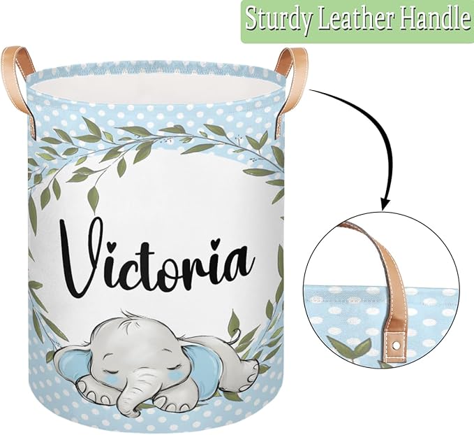 Personalized Laundry Basket, Custom Gift Laundry Hamper, Collapsible Nursery Waterproof Laundry Baskets, Dirty Clothes Toy Hamper with Handles Greenery Wreath Blue Elephant