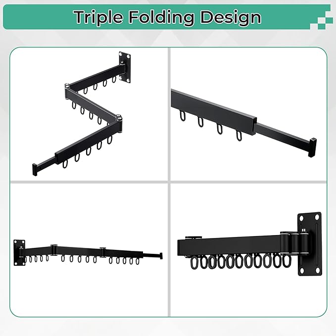 Wall Mounted Drying Rack,Foldable and Rotatable Clothes Drying Rack, Triple Folding Hanger Saves Space,Suitable for Cloakroom,Balcony, Bathroom,The Maximum Load Bearing 50kg (Black)